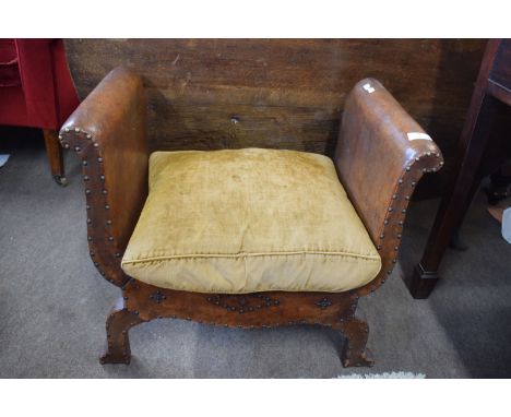 Vintage leather and brass studded X-frame stool, 58cm wide   