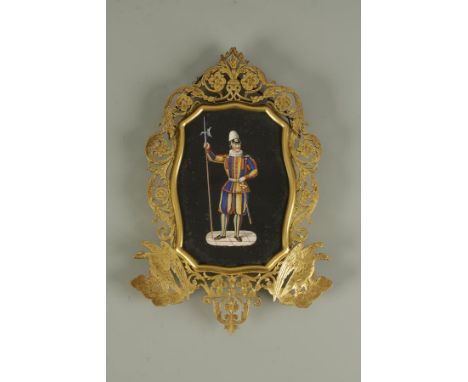 A 19TH CENTURY MICRO MOSAIC PORTRAIT OF AN ITALIAN SOLDIER, wearing a sword and grasping a halberd against a black hardstone 