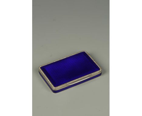 A CONTINENTAL SILVER AND GUILLOCHE ENAMEL SNUFF BOX of rectangular form, with beaded border and gilt interior, import marks f