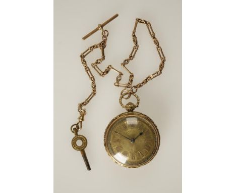 A GENTLEMAN'S 18CT YELLOW GOLD POCKET WATCH, the gilt dial with Roman numerals, in an engine turned case with embossed edge, 