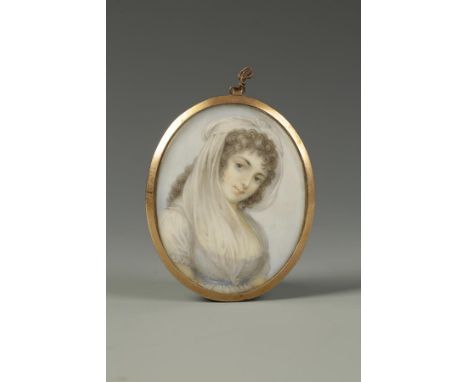 ENGLISH SCHOOL, early 19th century A portrait miniature on ivory of Lady Hamilton wearing a pale blue and lace dress and head