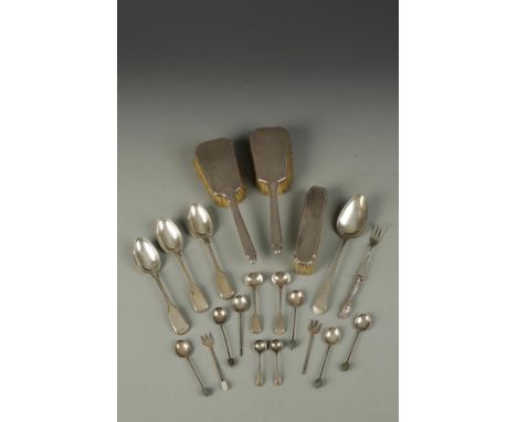 A MIXED LOT OF FLATWARE, comprising: a set of three Victorian dessert spoons of fiddle pattern, initialled, London 1856, toge