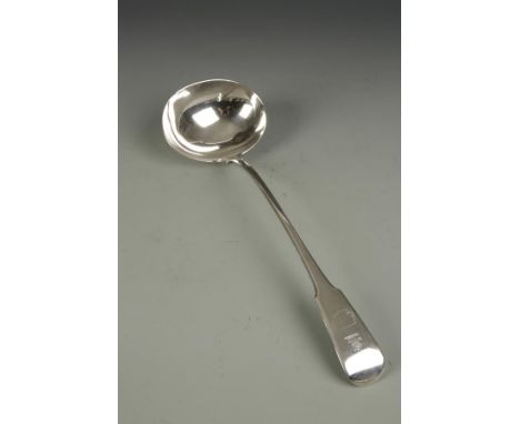 A GEORGE III SOUP LADLE of fiddle pattern, crested, makers mark of 'RR', London 1810, 13" long (c.6oz)