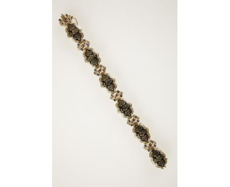 A VICTORIAN STYLE ENAMEL AND GEMSTONE BRACELET, each hallmarked 14ct yellow gold cartouche shaped link with black enamelling 