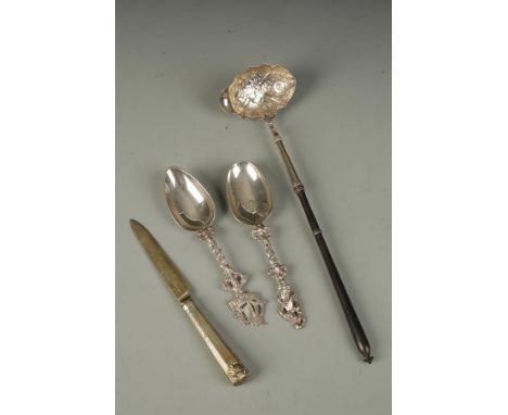 A MIXED LOT OF FLATWARE comprising: an 18th century punch ladle, with turned wooden handle, London c.1780, 13" long, together