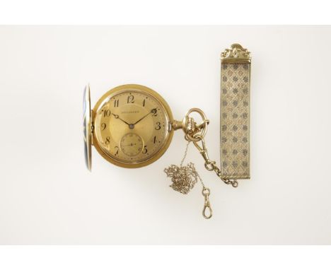 A GENTLEMAN'S 14K YELLOW GOLD AND ENAMEL HUNTING CASED POCKET WATCH, the gilt dial with Arabic numerals, inscribed 'Borel Fil