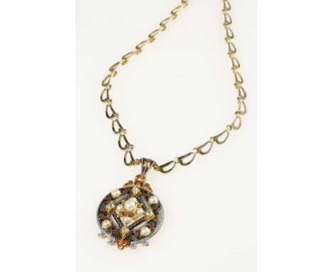 A LATE VICTORIAN GOLD, ENAMEL, PEARL AND DIAMOND HOLBEINESQUE PENDANT; with a necklace by Carlo and Arthur Giuliano, in neo-r