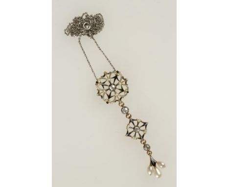 A DIAMOND, ENAMEL AND PEARL PENDANT, circa 1900, of geometric flowerhead design supporting a further drop, collet-set with fo