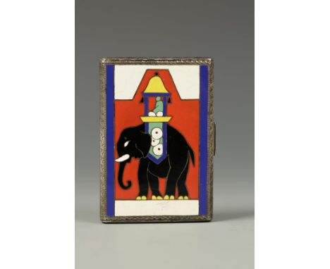 AN ART DECO SILVER AND ENAMELLED SNUFF BOX, the covers enamelled in blue, red, yellow and white, with an Asian elephant and r