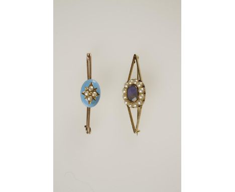 A GEORGIAN HALF-PEARL BROOCH, the cluster of half-pearls with a locket glass centre, adapted to a bar brooch from a slide; an