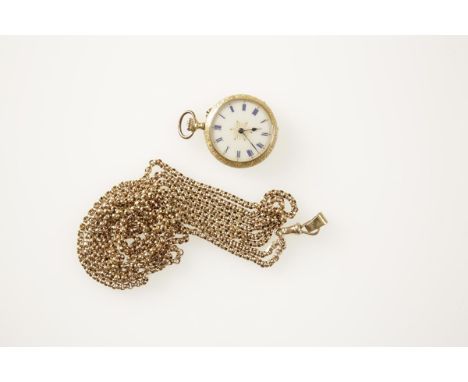 A LADIES 18K YELLOW GOLD FOLLET ENGRAVED FOB WATCH, the white enamel dial with Roman numerals attached to a 9ct yellow gold b