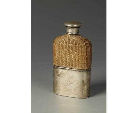 A VICTORIAN SILVER MOUNTED HIP FLASK with detachable cup and raffia-work and glass body, by HE & Co., Sheffield 1864, 4.5" lo