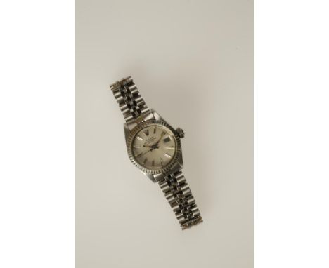 ROLEX: A LADY'S STAINLESS STEEL WRISTWATCH, the round dial with baton numerals and crown at 12 o'clock, sweep seconds hand an