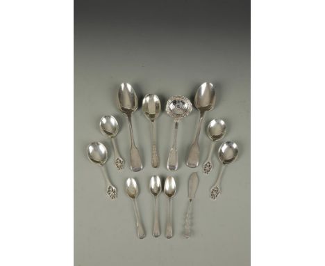 A MIXED LOT OF CUTLERY, comprising: a pair of Fiddle pattern table spoons, London 1830, together with a set of four pierced s