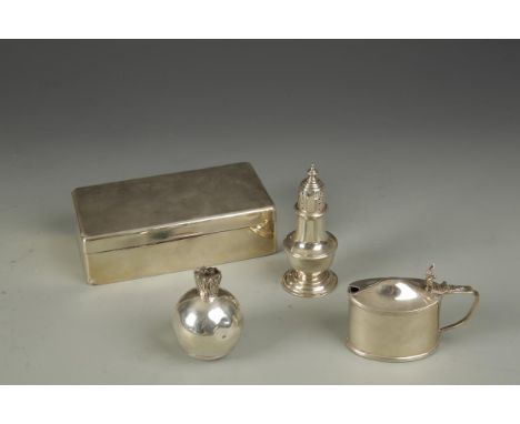 A VICTORIAN TABLE LIGHTER, modelled in the form of a flaming granade, crested, London 1896, together with a mustard pot, a pe