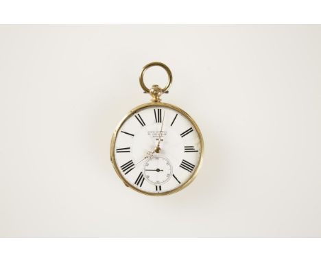 A GENTLEMAN'S 18K YELLOW GOLD OPEN FACED POCKET WATCH, the white enamel dial with Roman numerals and subsidiary seconds dial,