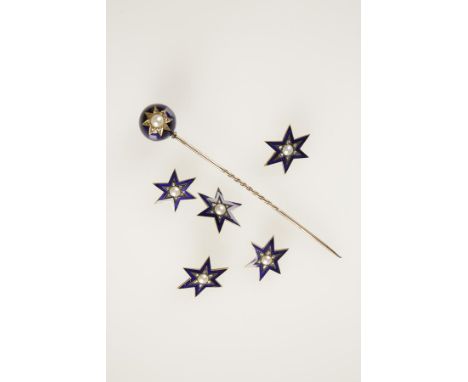 A VICTORIAN BLUE ENAMEL, HALF PEARL AND DIAMOND STICKPIN, the spherical blue enamel ball decorated with a star motif with a h