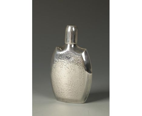 A HIP FLASK of shaped rectangular form with mottled body and screw-off cap, the base stamped "Silver 950", 6" long