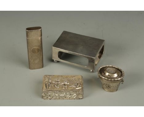 A MIXED LOT comprising an engine-turned lancet case, Birmingham 1912, a trinket box, a match box sleeve and a Dutch peppermin