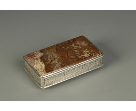 A WILLIAM IV SILVER AND AGATE SNUFF BOX, the bevelled red agate top and bottom enclosed within engine-turned silver sides, Bi