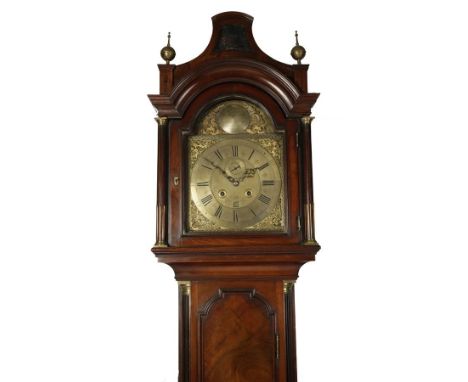 A GEORGE III LONGCASE CLOCK, the brass dial signed "Simon de Charmes", with subsidiary date aperture and seconds dial, the ar