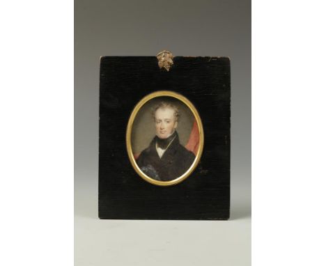 ENGLISH SCHOOL, 19th century A portrait miniature on ivory of a gentleman wearing a dark coat and stock, with a red drape to 