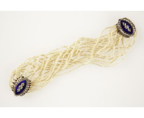 A GEORGIAN SEED PEARL CHOKER with enamel and diamond clasps, circa 1820, designed as ten rows of seed pearls, with two marqui
