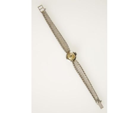 ROLEX: A LADY'S WHITE GOLD WRISTWATCH, the round dial with baton numerals, inscribed 'Rolex', attached to a white gold mesh b