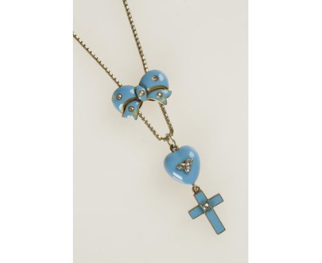 A VICTORIAN BLUE ENAMEL AND DIAMOND PENDANT symbolising love and faith, surmounted with a ribbon bow supporting a heart and c