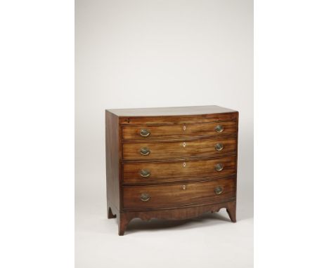 A REGENCY MAHOGANY BOWFRONTED CHEST OF DRAWERS, the crossbanded and ebony strung caddy moulded top above four long graduated 