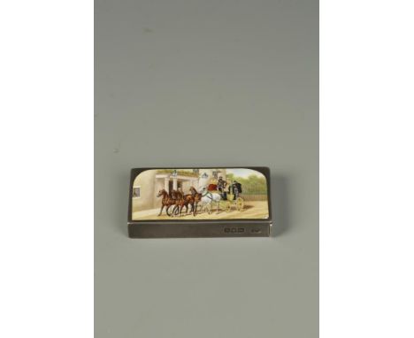 A VICTORIAN SILVER AND ENAMEL VESTA CASE of rectangular form, the cover depicting a coaching scene, by Sampson Mordan & Co., 