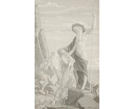 ENGLISH SCHOOL, c.1800 Neptune holding trident with figures in distress, monochrome gouache heightened in white, 16" x 9.5". 