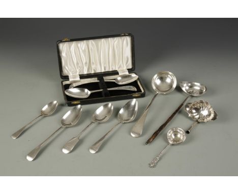 A MIXED LOT OF FLATWARE, comprising: a pair of bright-cut table spoons by Stephen Adams, London 1788, together with an Old En