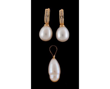 A pair of cultured pearl and diamond earrings, the cultured pearls each set below a row of channel set brilliant cut diamonds