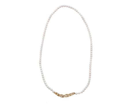 A cultured pearl and diamond necklace, the uniform cultured pearls measuring 3.5mm diameter to a woven style pierced 9 carat 