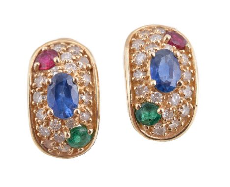 A pair of multi gem earrings, the oval shaped panels pavé set with brilliant cut diamonds, with a central oval cut sapphire a