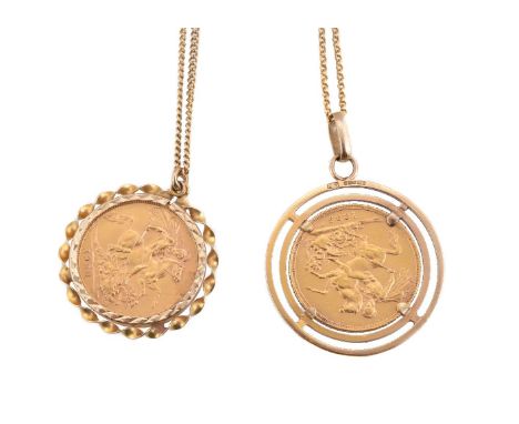 Two sovereign pendants, the first with a Victoria 1885 sovereign, in a 9 carat gold setting, suspended from a belcher link ch