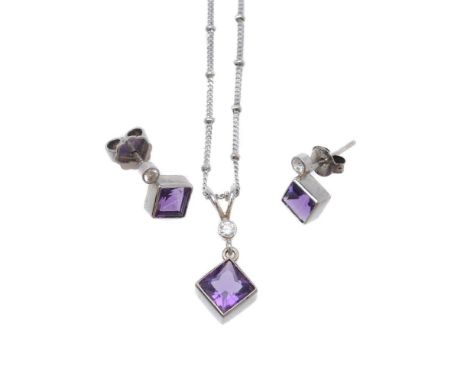 An amethyst and diamond pendant and ear studs, the pendant with a square mixed cut amethyst suspended below a brilliant cut d