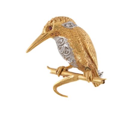 A two colour kookaburra brooch, the naturalistically textured bird with brilliant cut diamond chest and collar marking, appro