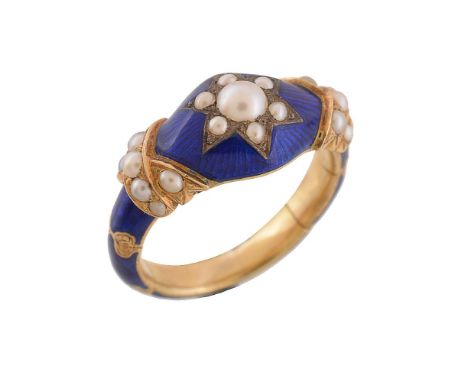 An early Victorian half pearl and blue enamel mourning ring, the central half pearl set star with a blue enamelled ground, to