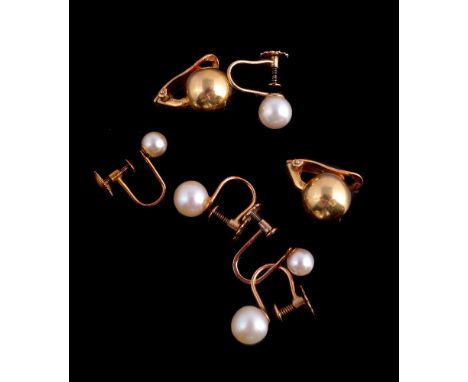 A pair of gold coloured earrings, the polished orbs with clip fittings, stamped 750, 9mm diameter; together with two sets of 