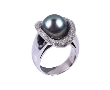A Tahitian cultured pearl and diamond ring, the 11.6mm Tahitian cultured pearl within a surround of brilliant cut diamonds, a