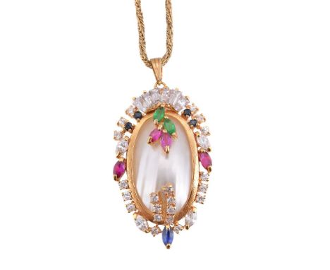 A synthetic gemstone and mabé pearl pendant, the mabé pearl within a surround of vari coloured synthetic gemstones, on a rope