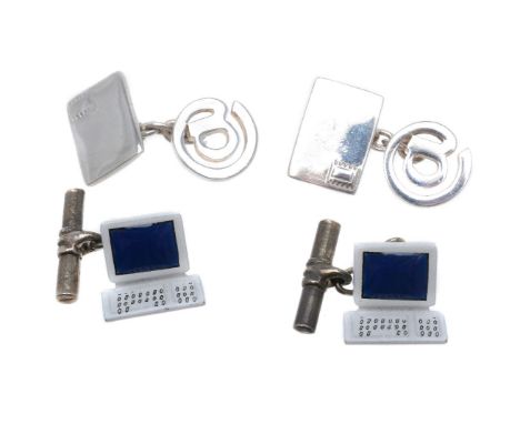 A pair of silver cufflinks by Links of London, one side with a panel designed as a letter, the other as the @ symbol, with be