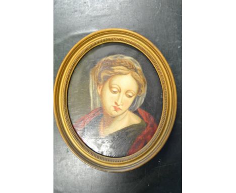 19th century school - head and shoulders portrait of woman - 37x31cm oval oil on canvas, unsigned, in gilt frame CONDITION RE