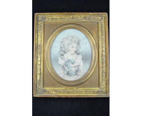 John Downman (1750-1824) - portrait of Elizabeth Farren, Countess of Derby, half length, looking left with blue ribbons - 19x