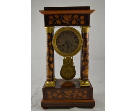 A mid 19th century French rosewood portico clock, eight day movement striking on hours and half hours, dial and movement insc