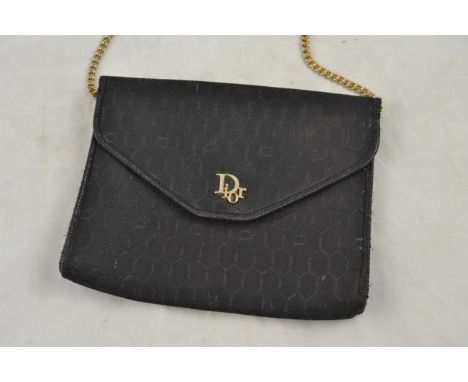 A vintage Dior black fabric monogram evening bag, gilt metal chain shoulder strap, applied gilt metal logo to flap, popper fa