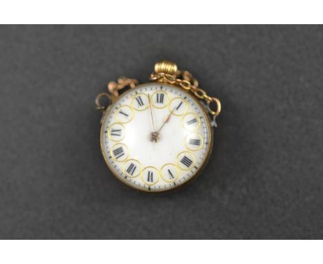 A yellow metal pendant 'ball type' fob watch with cylinder escapement, stem wind movement, Roman numerals to white enamel dia