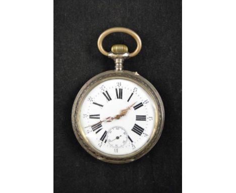 A Swiss .800 Goliath railway watch, stem wind subsidiary seconds dial, reverse engraved with locomotive, diameter of dial 6cm
